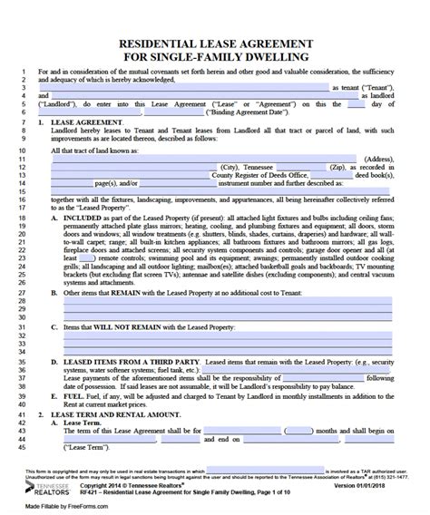 Free Printable Tennessee Lease Agreement