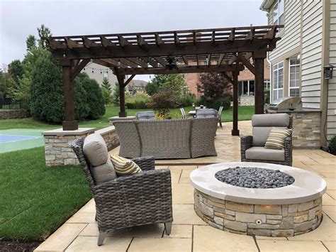 Pergola Fire Pit And Lounge Area Outdoor Kitchens Stone Paver Patios