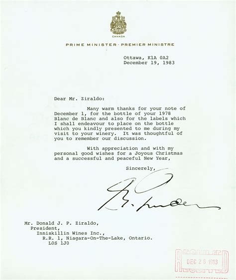 Letter Prime Minister Pierre Elliott Trudeau To Donald Ziraldo