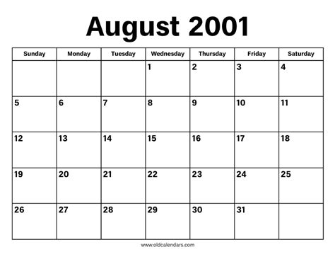 August 2001 Calendar Printable Old Calendars