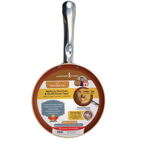 This copper chef cookware set includes a dutch oven with matching lid, two sauce pans with matching lids, two round fry pans, a slotted spatula and a serving spoon. As Seen On TV Copper Chef 10" Round Non Stick Pan