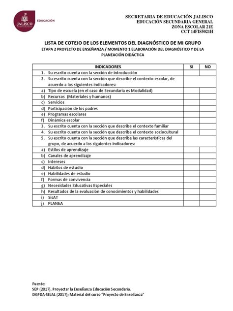Lista De Cotejo Diagnóstico De Grupo Educación Secundaria Evaluación