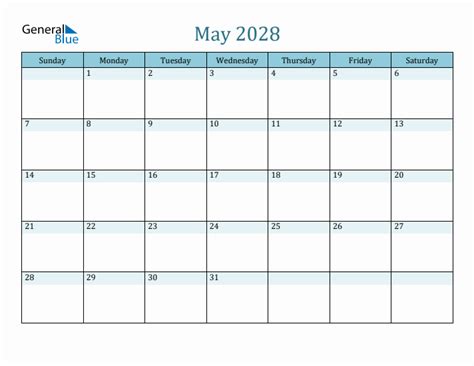 May 2028 Monthly Calendar Template Sunday Start