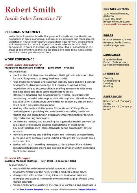 Job descriptions & responsibility samples inc.+ pdf samples. Inside Sales Executive Resume Samples | QwikResume