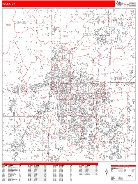 Tulsa Oklahoma Zip Code Wall Map Red Line Style By Marketmaps Mapsales