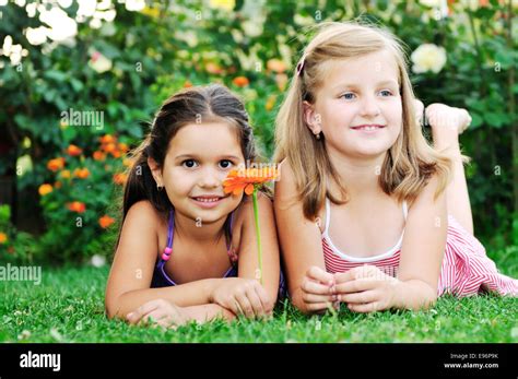 Two Happy Girls Have Fun Outdoor Stock Photo Alamy
