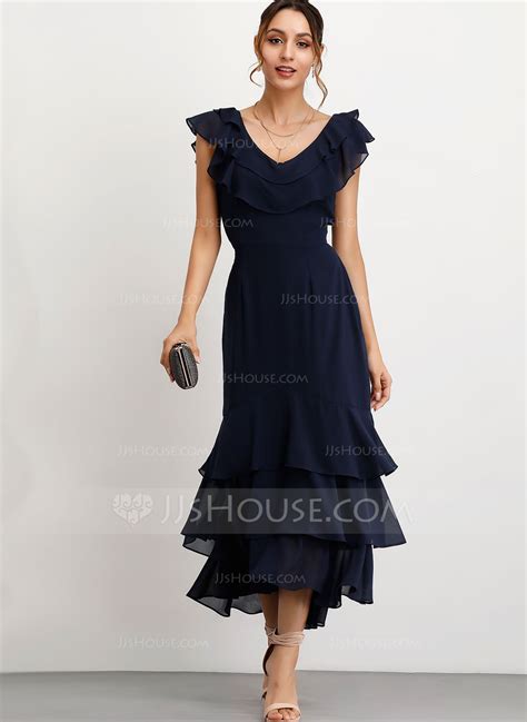 [us 46 00] a line v neck ankle length chiffon cocktail dress with cascading ruffles jj s