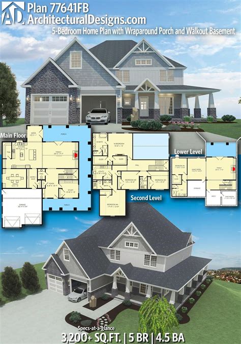 4 bedroom floor plan | ranch house plan by max fulbright designs creek crossing is a 4 bedroom floor plan ranch house plan with a walkout basement and ample porch space. Plan 77641FB: 4 or 5 Bedroom Home Plan with Wraparound ...