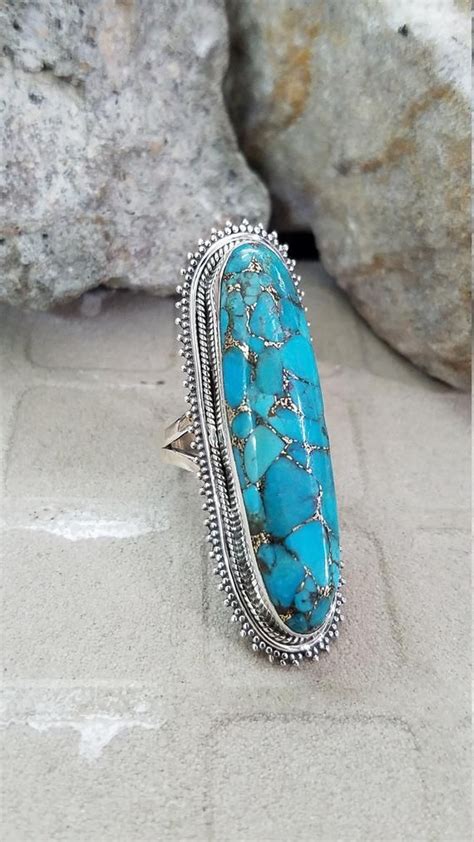 Blue Copper Turquoise Long Ring Whole Finger Ring Statement Ring