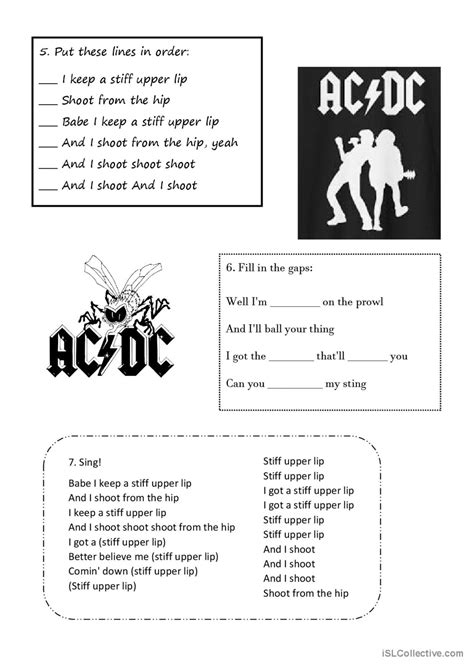Acdc Stiff Upper Lip Song And Nurse English Esl Worksheets Pdf And Doc