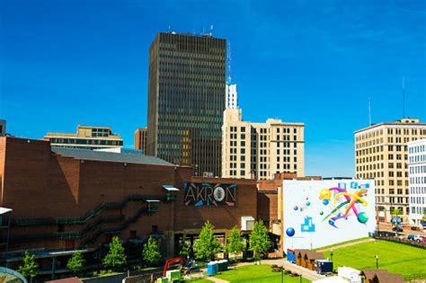 Downtown Akron Skyline With Akron Sign And Art Stock Photo Download