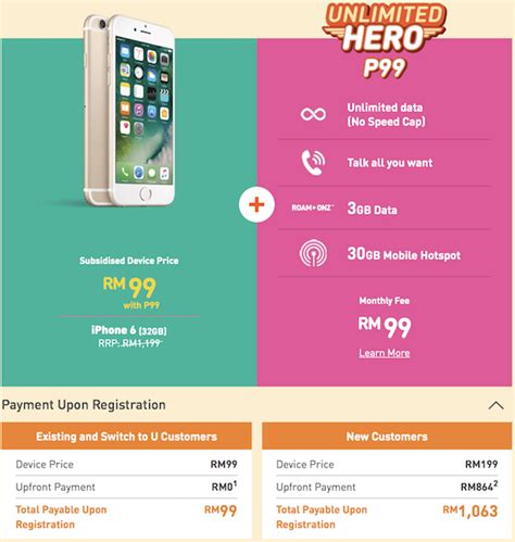 In addition, some unlimited data plans offer free tethering (which means using your phone as a mobile hotspot for your laptop or other. U Mobile offers the iPhone 6 for RM599 on a RM50 unlimited ...