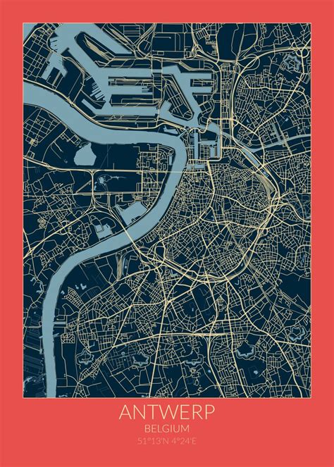 Antwerp Map Red Blue Poster By Dkdesign Displate
