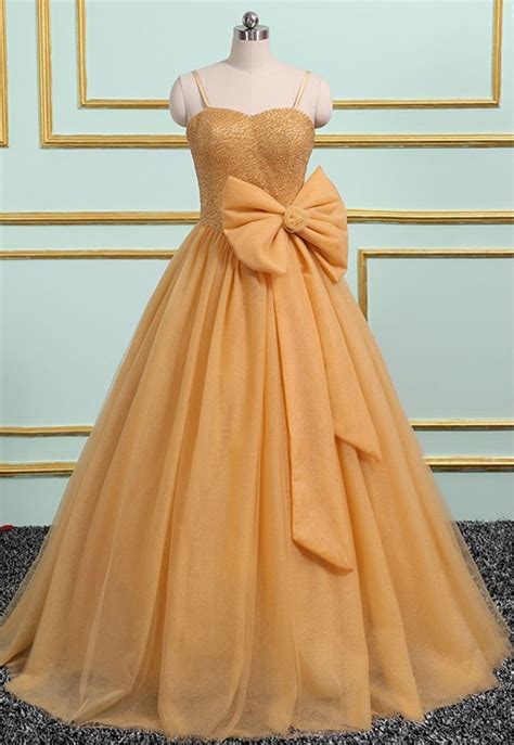 Gold Tulle Long Crystal Evening Dress Sweet 16 Dress With Bow From