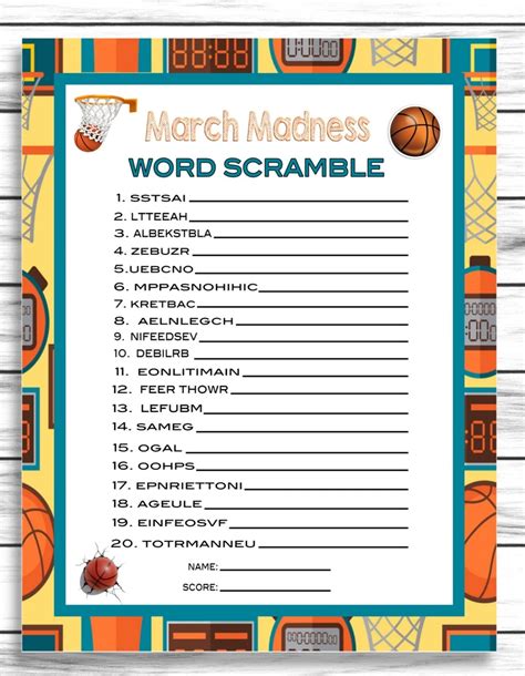 March Madness Word Scramble Party Game College Basketball Game Word