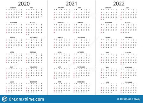 Set Of Calendars 2020 2021 2022 Years Simple Design Template