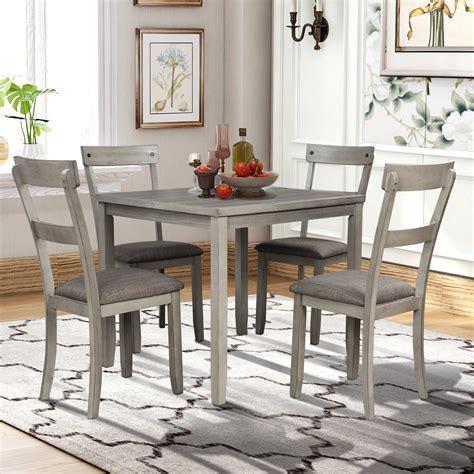5 Piece Dining Table Set For 4 Persons Farmhouse Wooden Kitchen Table