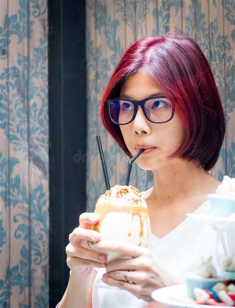 Asian Nerdy Teen Having Chocolate Shake Stock Image Image Of Asian
