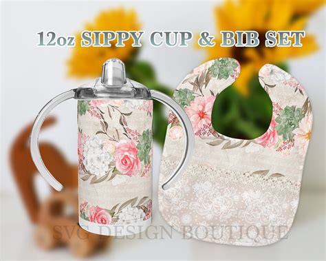 Girl 12oz Sippy Cup Template Bib Set Sublimation Template Floral
