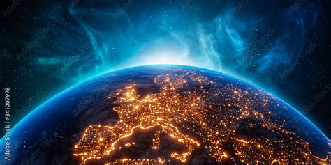 City Lights Europe Continent At Night From Outer Space 3d Rendering