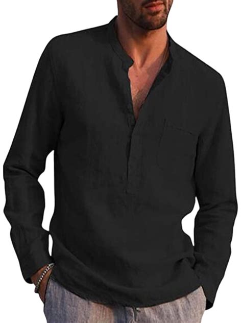 bellella cotton linen henley shirt for men loose fit solid tops long sleeve hippie casual beach