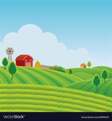Farm On Hill With Green Field Background Vector Image