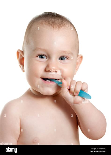 Baby Boy Cleaning Teeth White Background Stock Photo Alamy