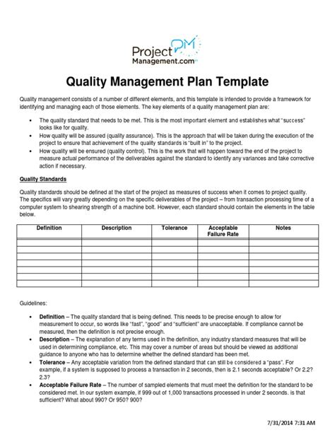 Quality Management Plan Template Quality Assurance Quality Business