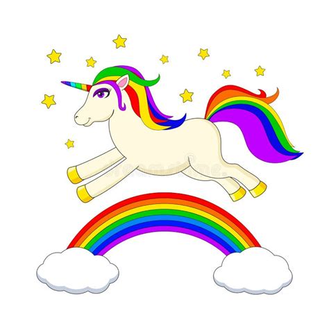 White Unicorn With Multicolored Mane And Horn Jumping Over Rainbow