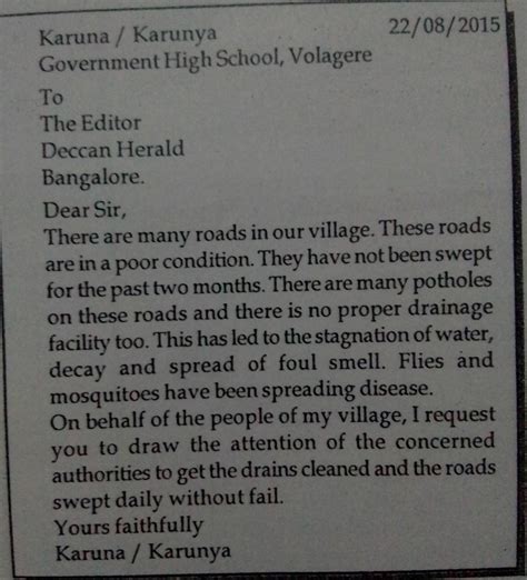 Write A Letter To The Editor Of A Newspaper Regarding Bad Condition Of