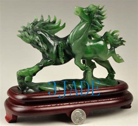 Natural Green Nephrite Jade Running Horses Statue Carving Sculpture
