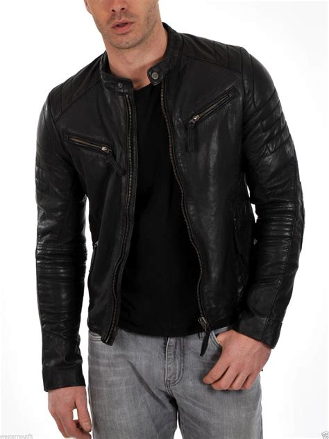 Mens Genuine Lambskin Leather Motorcycle Jacket Leather Jacket Men