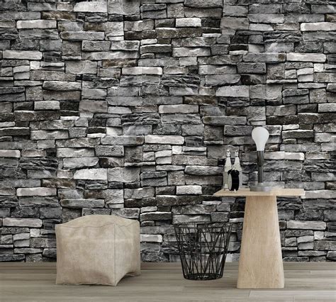Vintatge Stone Brick Wallpaper Rolls Wall Mural Dark Grey Realistic Stacked Art Ebay