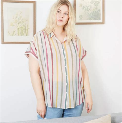 Ava And Viv Womens Plus Size Striped Short Sleeve Collared Blouse