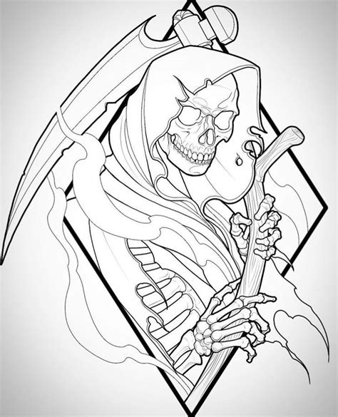 Skull Line Art Tattoo Design Drawings Reaper Tattoo Skulls Drawing