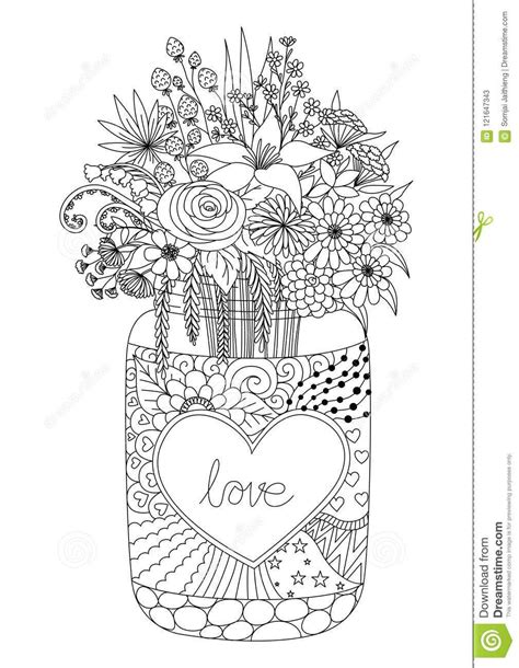 Line Art Design Of Flowers On A Mason Jar For Engraving Valentines Card