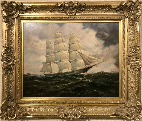 Antique Oil Painting Of Masted Ship In Original Restored Frame