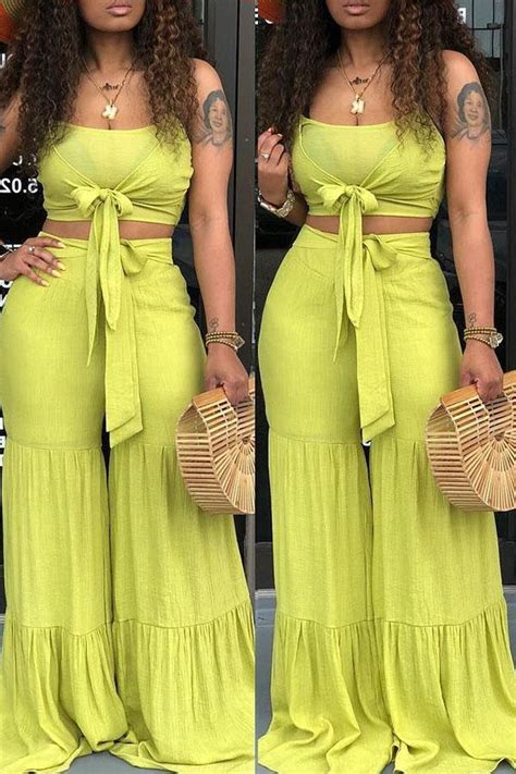Casual Knot Design Two Piece Pants Set L Green In 2021 Fall