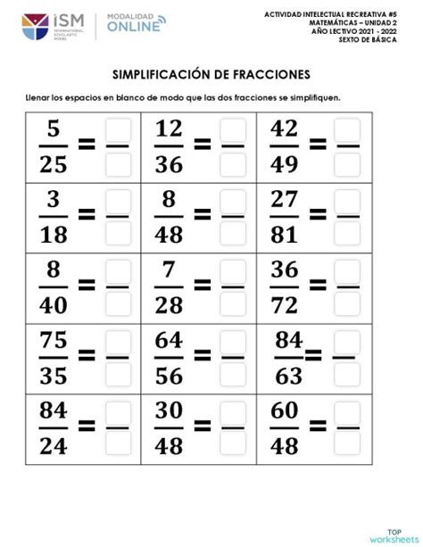 SimplificaciÓn Y Orden De Fracciones Ficha Interactiva Topworksheets