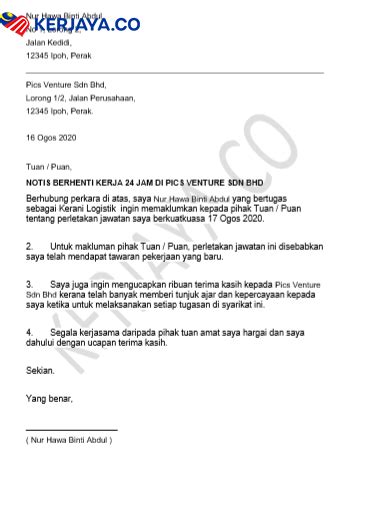 Notis Contoh Surat Berhenti Kerja 24 Jam 4 Contoh Sur