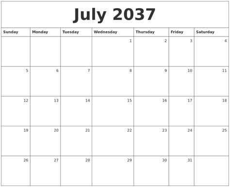 July 2037 Monthly Calendar