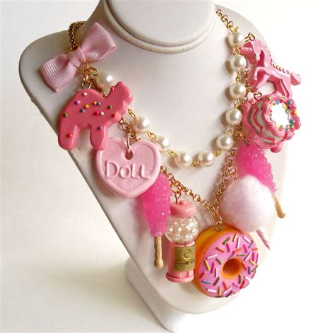 Pink Candy Necklace Pink Charm Statement Necklace Pink Donut Pendant