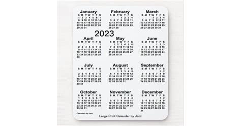 2023 White Large Print Calendar By Janz Mouse Mat Zazzle