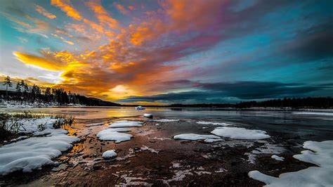 Hd Wallpaper Winter Lake Snow Ice Morning Clouds Sunrise