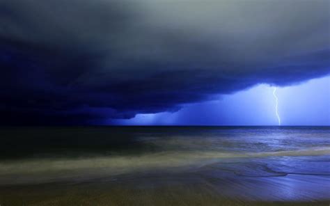 Lightning Clouds Storm Beach Ocean Hd Wallpaper Nature