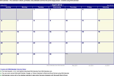 April 2014 Calendar Template Free Download Speedy Template