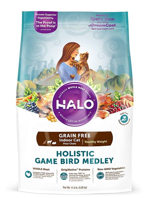 Its formulation places real chicken as its primary source of protein. Halo Holistic Healthy Weight Dry Cat Food for Indoor Cats ...