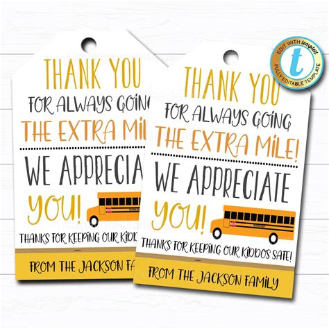 Bus Driver Appreciation Gift Tag Thank You For Always Going The Extra Mile School Pto Pta End