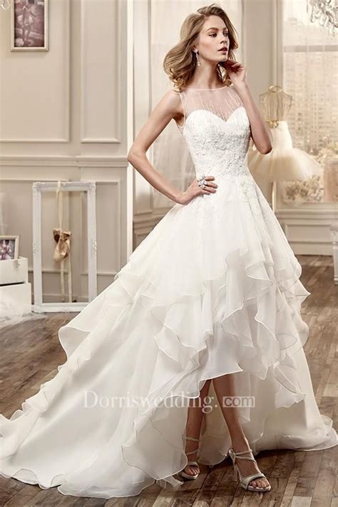 Jewel Neck High Low Wedding Dress With Cascading Ruffles And Beaded