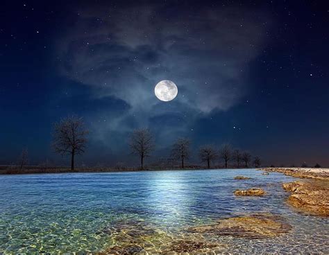 Nature Landscapes Moon Lake Trees Water Moonlight Clouds Rocks
